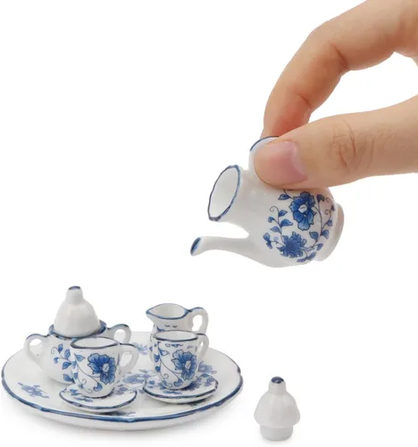 Miniatura 3 de Cutemini - Juego de tazas de té en miniatura de porcelana a escala 1:6, 8 piezas, con diseño de flores, tetera, plato y bandeja, suministros