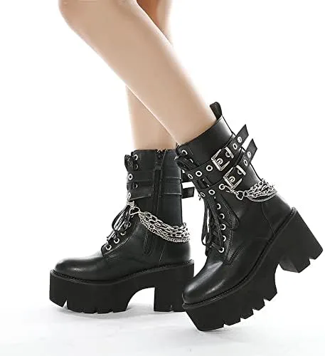 Miniatura 6 de Botas al tobillo para mujer, plataforma de tacón grueso, botas góticas de invierno, punta redonda, bloque atado en la mitad de la pantorrilla