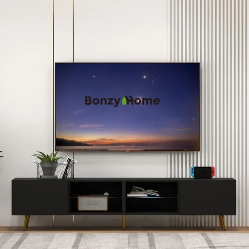 Bonzy Home Soporte de TV de 86 pulgadas, moderno centro de entretenimiento para TV de 75 pulgadas, mesa consola de televisión con gabinetes de Negro