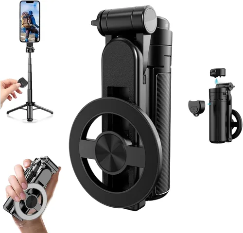Palo magnético para selfie de bolsillo, palo de selfie magnético 4 en 1 para iPhone con control remoto recargable, soporte de trípode extensible