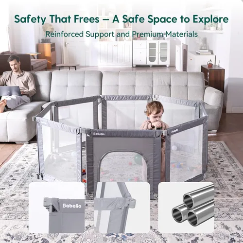 Miniatura 6 de Babelio Corralito plegable para bebés y niños pequeños, forma y área ajustables, corralito con puerta con cremallera, valla portátil para bebés