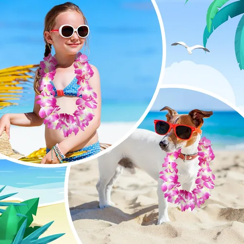Miniatura 7 de Sherr 48 piezas Collares de leis hawaianas LED con luces LED, collares de flores de Luau para mascarada, playa, boda tropical, suministros