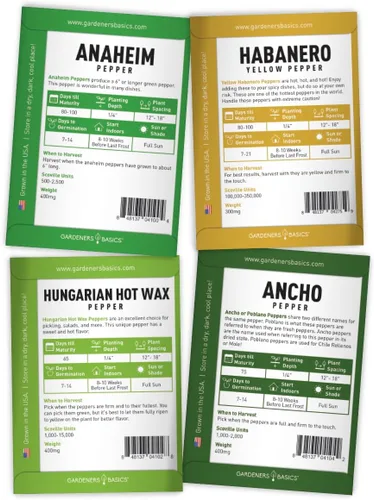 Miniatura 6 de Gardeners Basics, Semillas de pimiento para plantar 8 variedades, Jalapeño, Habanero, Pimiento, Cayena, Cera caliente húngara, Anaheim, Serrano
