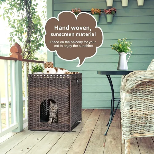 Miniatura 2 de Caja de arena para gatos con alfombrilla de arena suave; muebles ocultos de baño para gatos con puerta; casa de gato de ratán tejida a mano; jaula