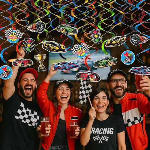 Miniatura 6 de HonuGoGo Kit de decoración de fiesta de cumpleaños de coche de carreras, 26 espirales colgantes con temática de carreras, carteles y recortes