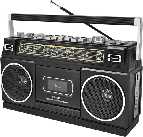 Reproductor de casete Boombox con Bluetooth, radio AM/FM/SW y grabación a USB, sonido estéreo de 24 W, 4 modos de alimentación, estéreo retro