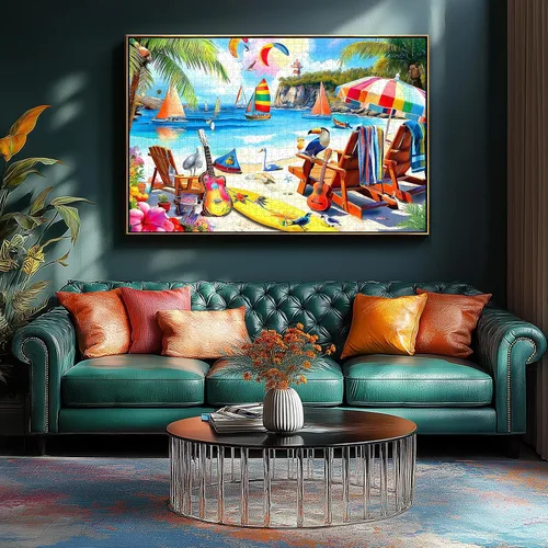 Miniatura 4 de Rompecabezas de 500 piezas para adultos, vibrante escena tropical de playa con palmeras, rompecabezas para adultos, silla de playa, veleros