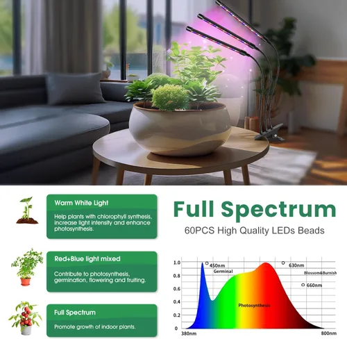 Miniatura 4 de Garpsen Luces para Plantas, Luces de Crecimiento de 3 Cabezas Rojo Azul Blanco Cálido Espectro Completo para Plantas de Interior, Luz de Crecimiento
