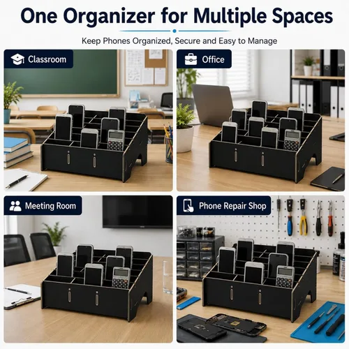 Miniatura 5 de XICHENGSHIDAI Soporte para teléfono celular con 24 ranuras para aula, caja de almacenamiento de teléfono con aspecto de madera y organizador de Negro
