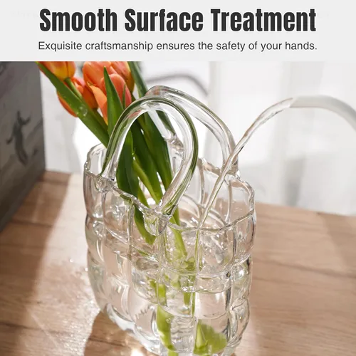 Miniatura 5 de NiHome Florero de cristal transparente con asa para flores, decoración de casa de campo, hecho a mano, jarrón de cristal de boca ancha para oficina