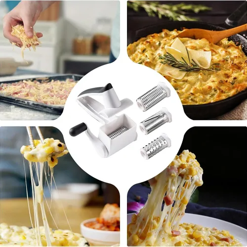 Miniatura 5 de Rallador de queso giratorio clásico con asa, rallador de queso de mano 3 en 1 con 3 ralladores de acero inoxidable, rallador multifuncional
