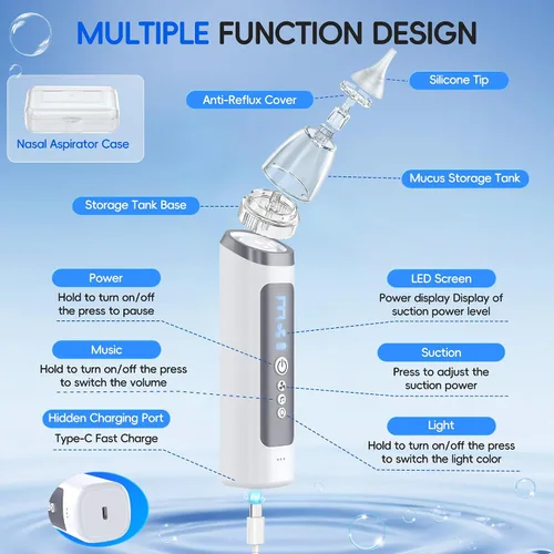 Miniatura 5 de Aspirador Nasal para Bebé, Succionador Nasal Eléctrico para Bebé y Niños Pequeños, Alivio de Congestión con 3 Niveles de Succión, Luz Relajante