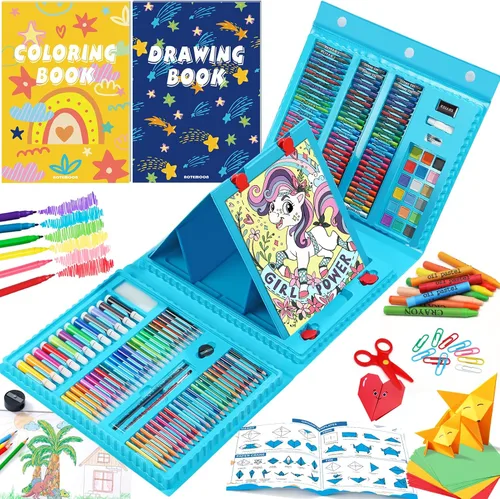Todo en un Kit de Arte, Kit de Arte Incluye Caballete, Papel para Origami, Lápices de Colores, Crayones, Libro de Dibujo, Libro para Colorear, Azul