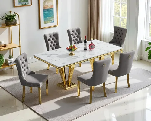 Miniatura 15 de Henf Juego de mesa de comedor de mármol sintético de 68 pulgadas para 6, juego de mesa de comedor de 7 piezas con 6 sillas copetudas de terciopelo