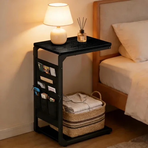Miniatura 8 de Bandejas de TV con pedestal de madera para comer en mesas de sofá que se deslizan por debajo, mesa auxiliar en forma de C, mesa auxiliar para sofá