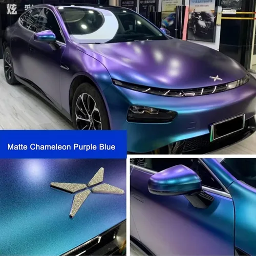 Miniatura 14 de Vinilo adhesivo de coche de color morado metálico brillante a azul camaleón, cinta adhesiva de película adhesiva de liberación de aire