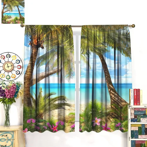 Miniatura 3 de Cortinas de playa con estampado de plantas tropicales y árboles de coco, paisaje natural, con bolsillo para barra, 2 paneles, decoración