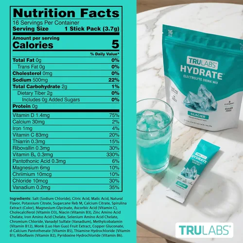 Miniatura 7 de TRULABS Hydrate - Mezcla de bebida con electrolitos – Sabor glaciar, paquetes de hidratación sin azúcar con electrolitos de 1422 mg y 19 vitaminas
