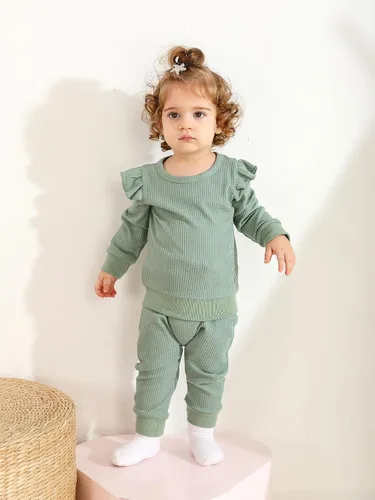 Miniatura 3 de Conjunto de ropa de 2 piezas para niña con diseño de corazón texturizado con volantes, sin botones de manga larga y lazo frontal