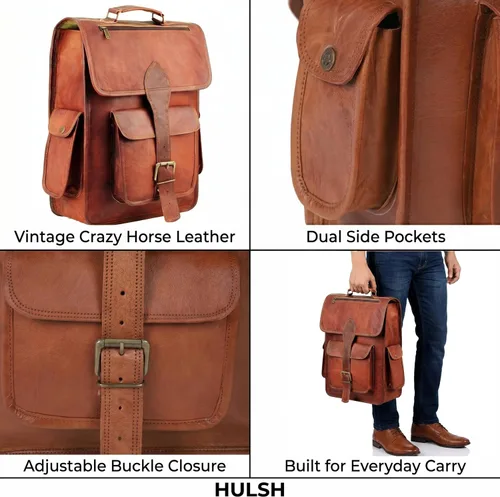 Miniatura 3 de Mochila para portátil de cuero genuino de grano superior para hombres y mujeres, mochila vintage hecha a mano, mochila de viaje, regalo para hombres