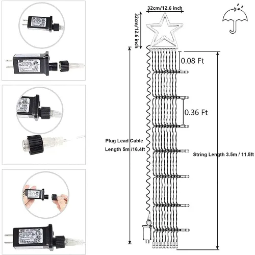 Miniatura 6 de Decoraciones Navideñas para Exteriores Luces de Cadena de Estrellas, 317 LED 11.5 pies Luces de Árbol Cascada Impermeables con 8 Modos de Varios