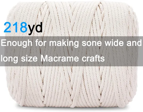 Miniatura 3 de Cordón de macramé de 6 mm x 218 yardas, cuerda de macramé de algodón natural - 4 hebras de cordón de algodón trenzado para colgar en la pared