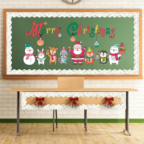Miniatura 7 de Rollo de borde de tablero de anuncios de Navidad de 65 pies con diseño de copo de nieve y oro gris para vacaciones de invierno, Navidad, aula
