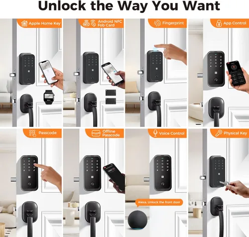 Miniatura 8 de Cerradura inteligente para puerta delantera, llave de Apple Home y WiFi integrado, cerrojo de entrada sin llave de huellas dactilares con teclado