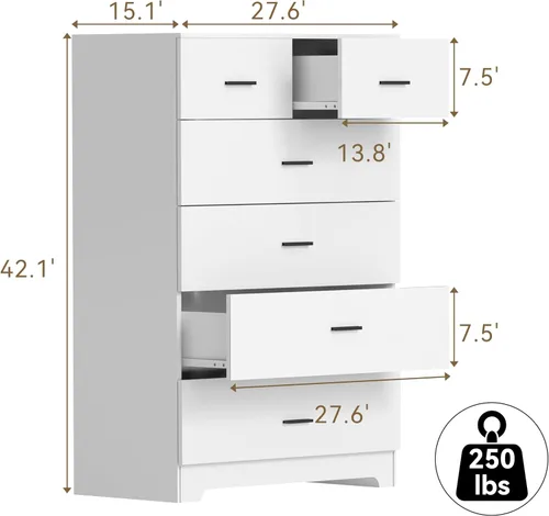 Miniatura 3 de FJTJBSI Cómoda con Tomas de Corriente de Madera de 6 Cajones con Organizador Grande Blanco Organizador de Almacenamiento Alto con Riel de Metal Liso
