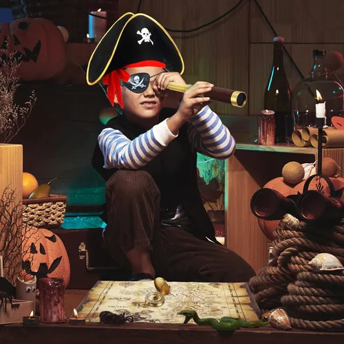 Miniatura 6 de Telescopio monocular pirata, mapa del tesoro, brújula, sombrero pirata, estampado de calavera, disfraz de capitán, 5 piezas de recuerdos de fiesta