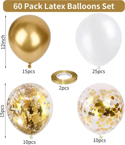 Miniatura 2 de Globos blancos y dorados, paquete de 60 globos de 12 pulgadas de oro metálico, globos de látex perla blanca y globos de confeti dorados para Oro