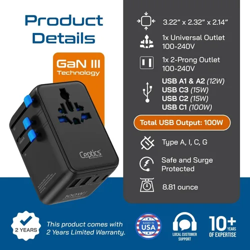Miniatura 7 de Ceptics Adaptador de viaje universal GAN de 100 W con cable USB-C retráctil, 2 puertos USB-A y C, entrada universal y 1 entrada USA/JP, adaptador