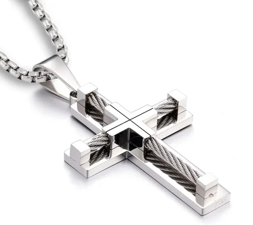 YL Collar de cruz para hombre de acero inoxidable 316L con colgante grande de Jesucristo, color blancodoradonegro, cadena Rolo para 20, 22, 24, 26,