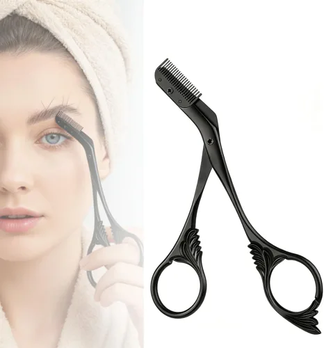 Tijeras de corte de cejas con peine, tijeras de cejas 2 en 1 para mujeres, cortador de cejas de precisión de acero inoxidable, herramienta de Negro