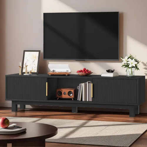 YITAHOME 59" Fluted TV Stand for TVs up to 65", Mid-Century Modern Media Console with Built-in Power Outlets, Adjustable Shelves & Cable Holes,