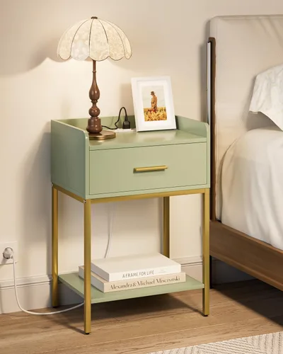 Miniatura 19 de Mesita de noche, mesita de noche moderna de 3 niveles, mesita de noche con cajón de almacenamiento y estante, mesa auxiliar pequeña para dormitorio