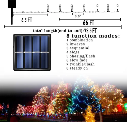 Miniatura 2 de Dazzle Bright Paquete de 2 tiras solares de Navidad blancas de 400 LED de 132 pies para exteriores, funciona con energía solar con 8 modos de luces