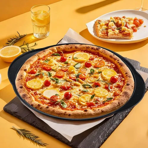 Miniatura 6 de hunnycook 2P sartenes para pizza antiadherentes - Bandeja redonda de pizza de 12" con agujeros y asa, sartén de pizza de acero al carbono