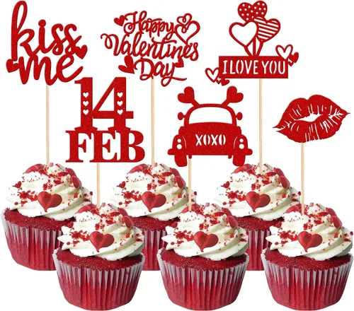 Miniatura 13 de Rsstarxi Paquete de 24 adornos para cupcakes para el día de San Valentín, con purpurina roja, dulce amor, para cupcakes, decoración de San Valentín