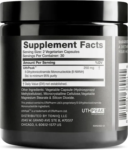Miniatura 2 de Toniiq Suplemento NMNH – UthPeak™ clínicamente estudiado – 95% altamente purificado y probado por terceros para NAD+ y apoyo al envejecimiento