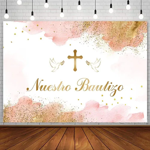AIBIIN Telón de fondo Mi Bautizo de 7 x 5 pies para Nuestro Bautizo Baby Bautizo Bautizo Fotografía Fondo Rosa Acuarela Nubes Doradas Cruz Paz