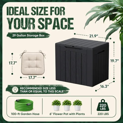 Miniatura 6 de Devoko 29 Gallon Waterproof Outdoor Storage Box Resin Deck Box Lockable and UV Resistant for Patio Furniture, Garden Tools (Black, 29 Gallon)