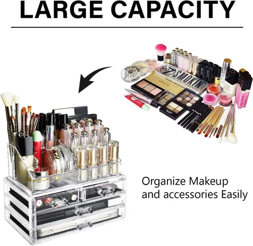 Miniatura 4 de Ikee Design Organizador de maquillaje acrílico con 4 cajones y soportes removibles para lápices labiales en la parte superior, ideal para maquillaje