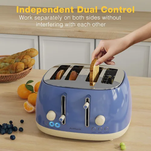 Miniatura 8 de Tostadora de 4 rebanadas, tostadora retro de acero inoxidable con ranuras extra anchas, funciones de cancelar, bagel y descongelar, panel de control
