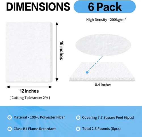 Miniatura 2 de BXI Absorbedor de sonido, 16 x 12 x 3/8 pulgadas, paquete de 6 paneles de absorción acústica de alta densidad, paneles de absorción de sonido que