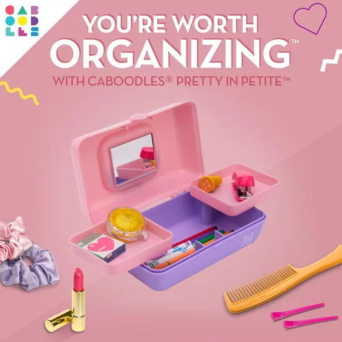 Miniatura 2 de Caboodles Pretty in Petite - Caja de maquillaje de dos tonos rosa sobre lavanda, caja organizadora de plástico duro, 2 bandejas giratorias, espejo