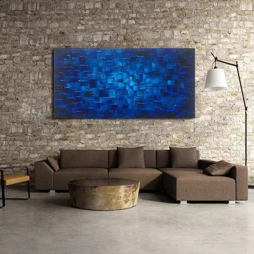 Miniatura 3 de MyArton Arte de pared de lienzo texturizado, cuadrados abstractos, pintado a mano, pintura al óleo moderna de color azul oscuro, imagen