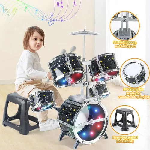Miniatura 5 de Juego de batería para niños pequeños de 1 a 3 años, batería de jazz mejorada para niños, juguetes de instrumentos musicales y luces y todo plástico