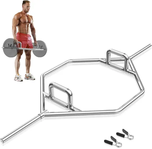 Miniatura 10 de Goplus Barra hexagonal olímpica de 56 pulgadas, barra de trampa de barra con acabado cromado con asas moleteadas planas o elevadas para sentadillas