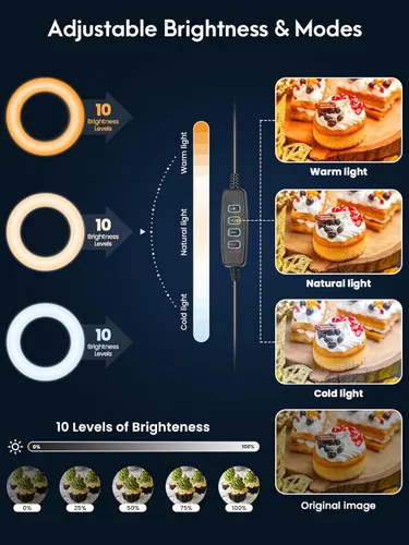 Miniatura 4 de Luz de anillo para selfie con soporte y soporte para teléfono, soporte de teléfono aéreo con luces de anillo de 10.5", luz circular de escritorio